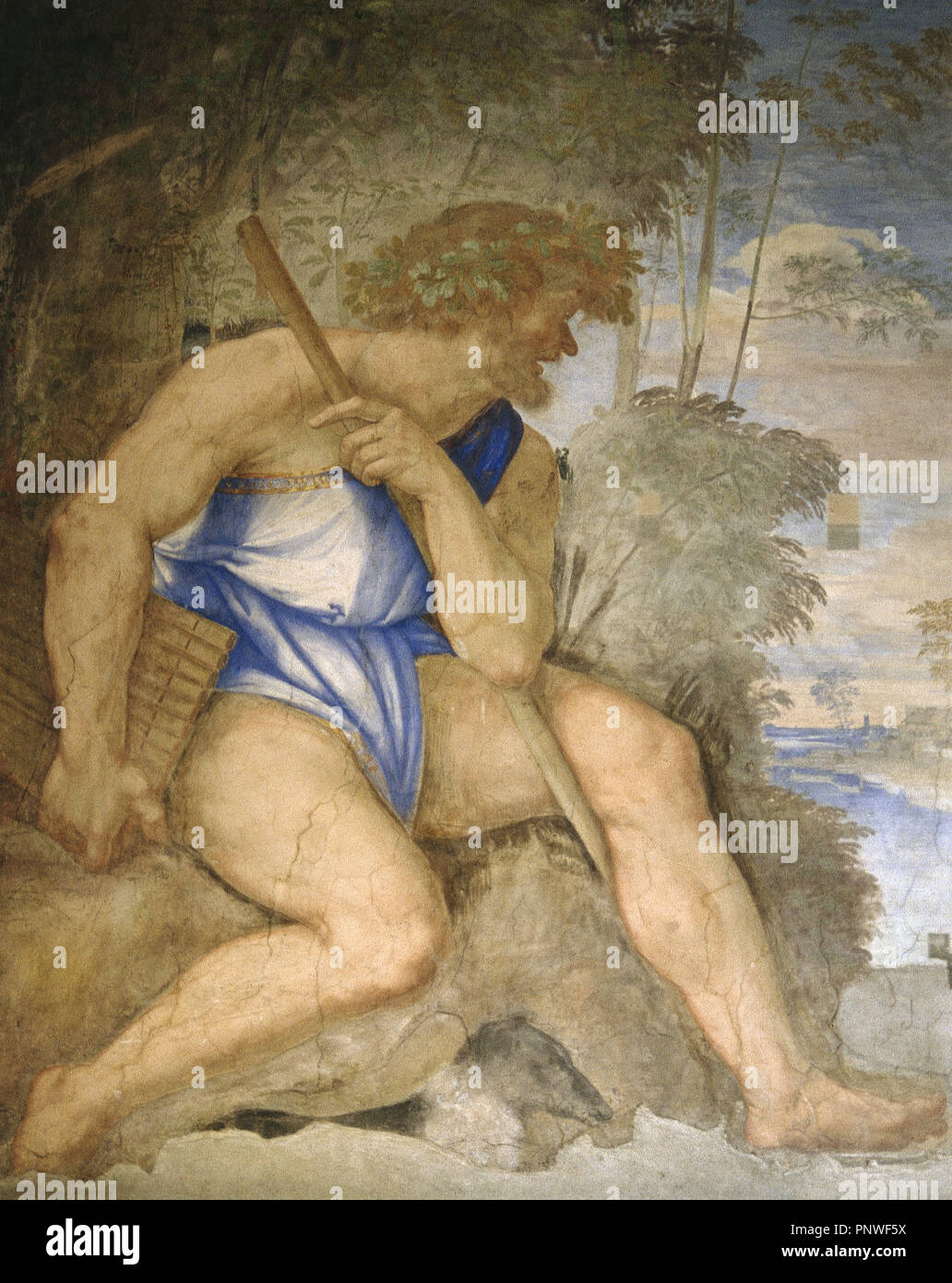 Baldassare Peruzzi (1481-1536). Architetto e pittore. Villa Farnesina. Renaissance. Dettaglio affreschi. Polifemo. Cyclope. Roma. L'Italia. Foto Stock