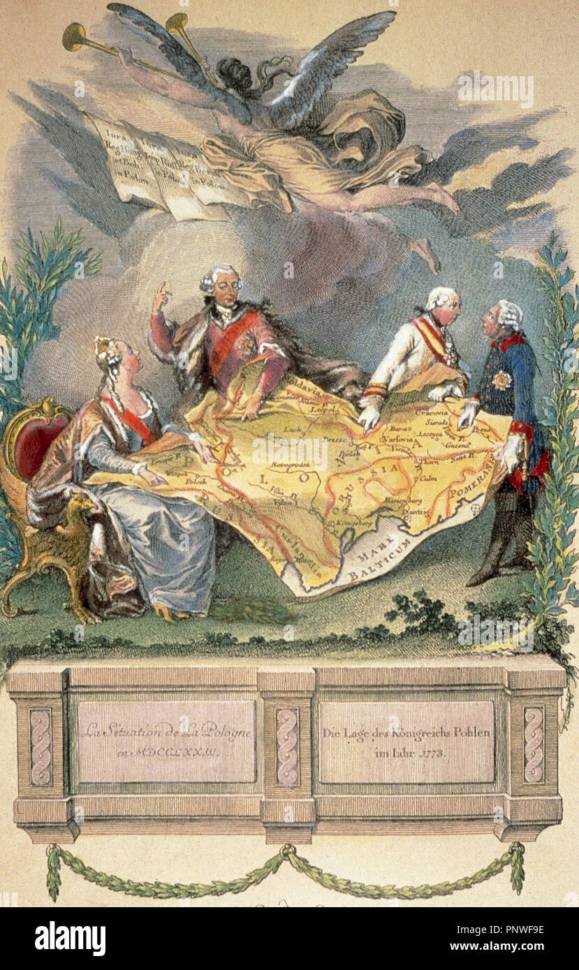 La Polonia. Il XVIII secolo. Allegoria della Prima Divisione: Catherine II, Stanislao Poniatowski, Giuseppe II e Federico II vie la mappa della Polonia. Incisione di J. E. NILSON (1773). Foto Stock