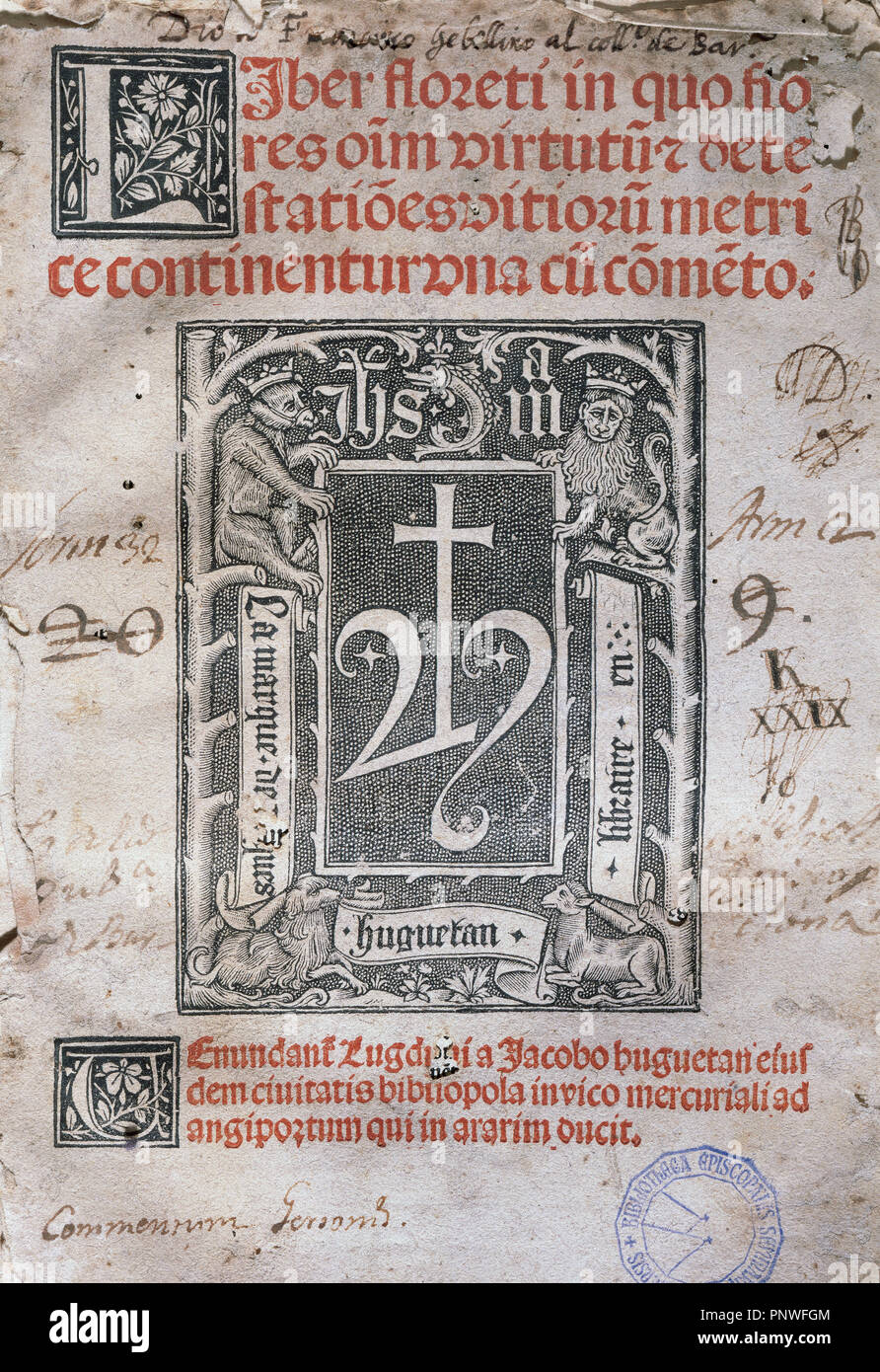 Bernardo di Chiaravalle (1090-1153). Scrittore e filosofo. Liber florenti: in quo flores omnium virtutum et vitiorum destetationes metrice continentur. Titolo copertina. Leiden, 1509. Foto Stock