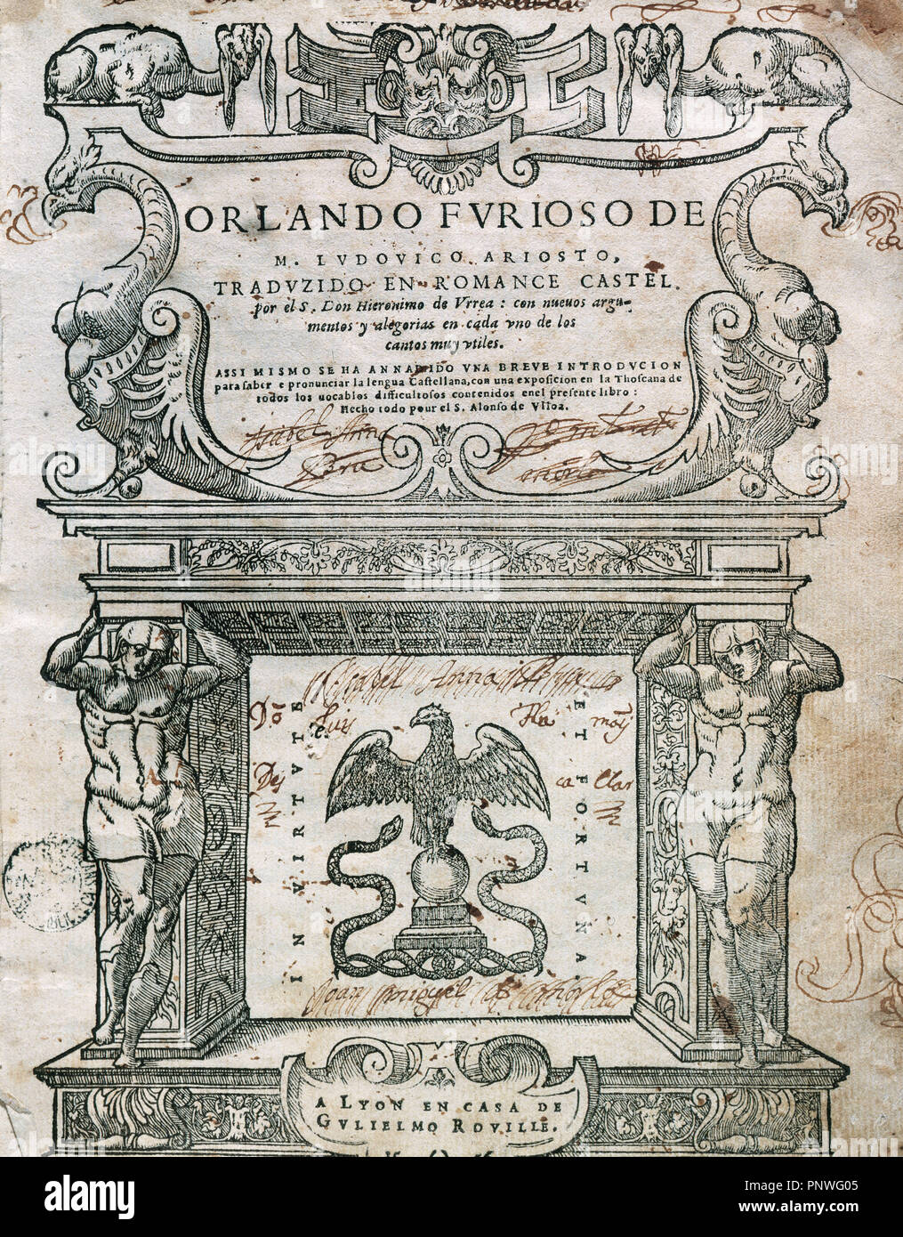 Ludovico Ariosto (1474 Ð 1533) fu un poeta italiano. Egli è meglio conosciuto come l'autore del romanzo epico Orlando Furioso (1516). La copertina del libro 'Orlando Furioso, edito a Lione (Lugdunum), 1556. Biblioteca di Catalogna. Barcellona. Spagna. Foto Stock