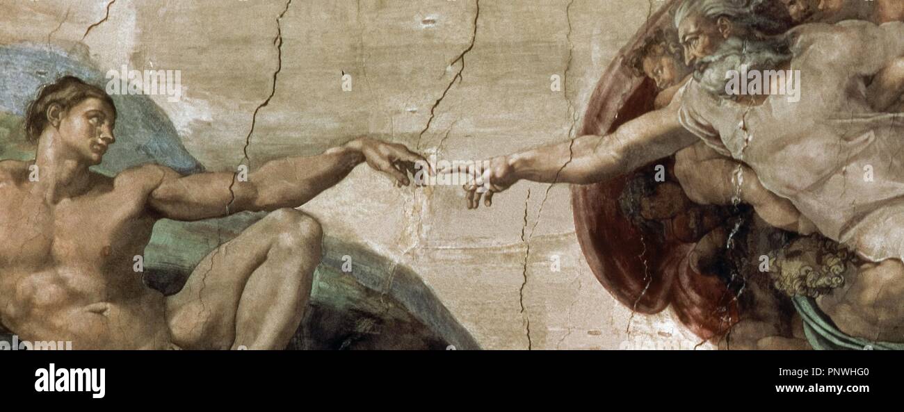 " La creazione di Adam (dettaglio), 1508-1512, Affresco, prima del restauro. Autore: Michelangelo. Posizione: MUSEOS VATICANOS-CAPILLA SIXTINA. VATICANO. Foto Stock