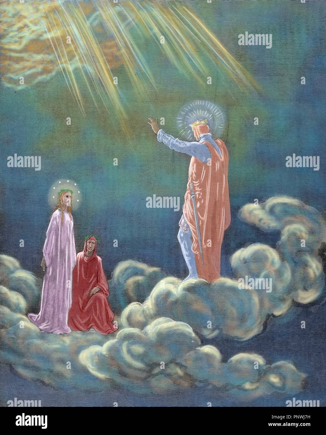 La Divina Commedia. Poema epico scritto da Dante Alighieri tra il 1308 e la sua morte in 1321. Il paradiso. Otto Canto. Charles Martel indirizzi Dante e Beatrice. Incisione di Gustave Dore. Colorati. Foto Stock