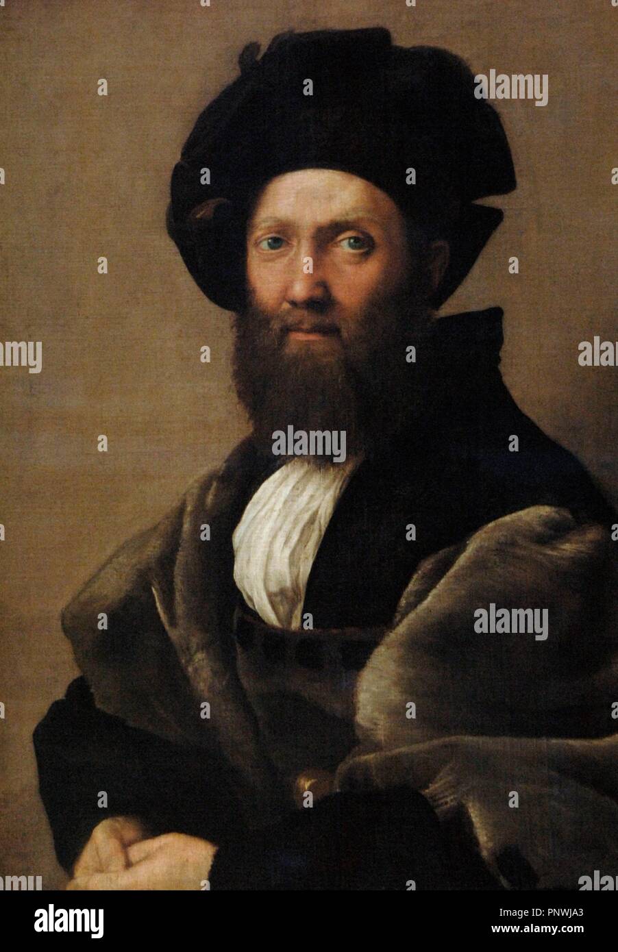 Baldassare Castiglione (1478-1529). Conteggio di Casatico, era un italiano cortigiano, Diplomat, soldato e prominente autore rinascimentale. Ritratto di Raffaello (1483-1520). Louvre. Parigi. La Francia. Foto Stock