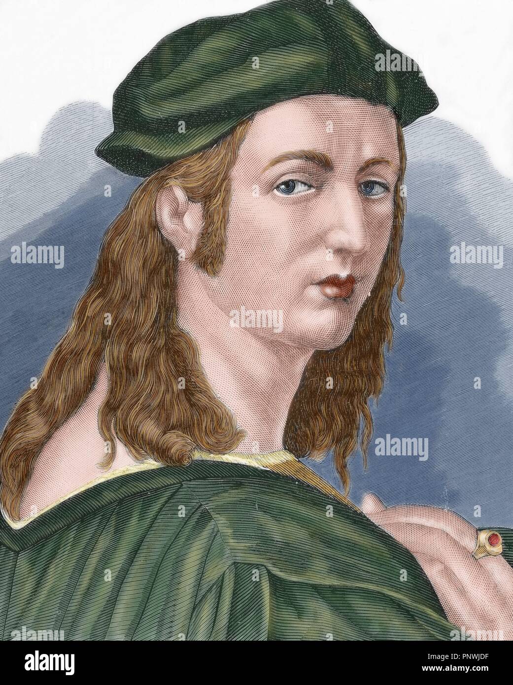 Raphael (1483-1520). Pittore italiano e architetto del Rinascimento. Ritratto. Incisione colorata. Foto Stock