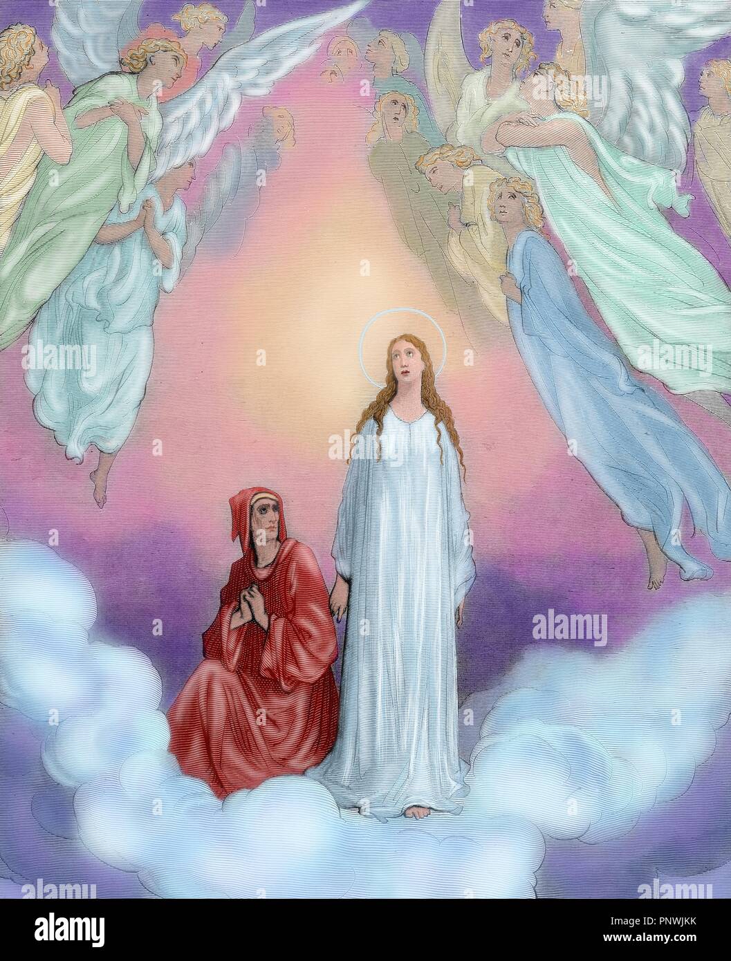 La Divina Commedia. Poema epico scritto da Dante Alighieri tra il 1308 e la sua morte in 1321. Il paradiso. XXI Canto. Dante ascende con Beatrice al settimo cielo, che è il pianeta Saturno.incisione di Gustave Dore. Colorati. Foto Stock