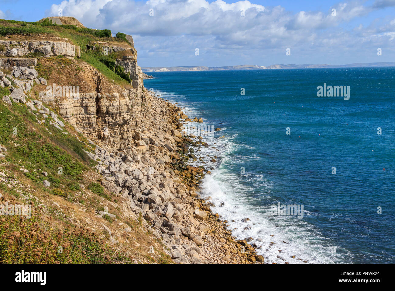 Isola di Portland in cima alla scogliera opinioni sul sentiero costiero, vicino a Weymouth Dorset, England, Regno Unito Foto Stock