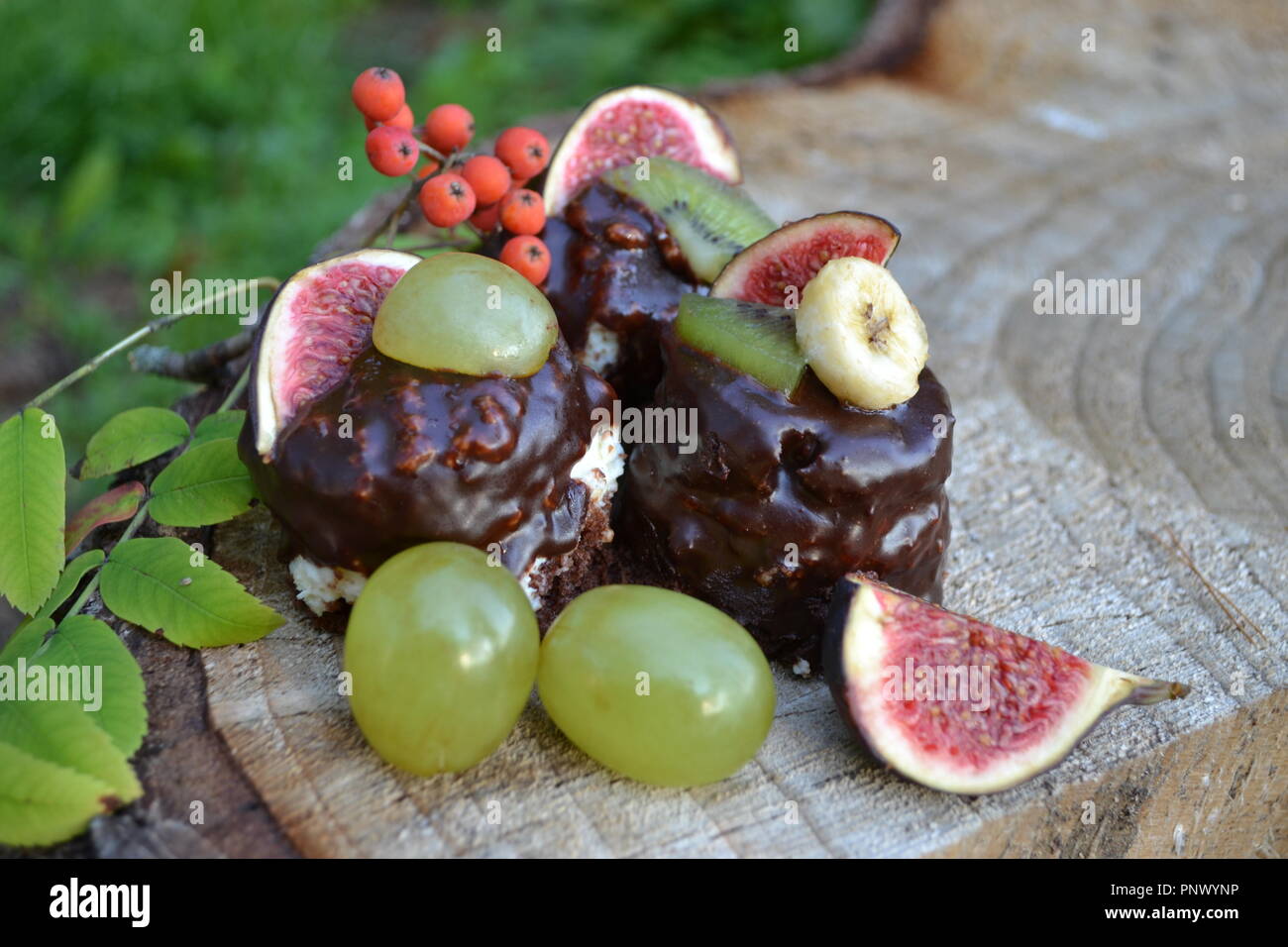Dolce torte al cioccolato con frutta su sfondo di legno, collezione autunno Foto Stock