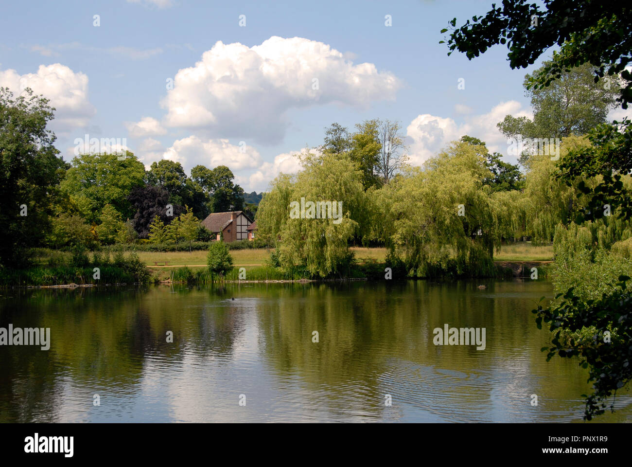 Lago nel parco pubblico con attraente casa oltre Foto Stock