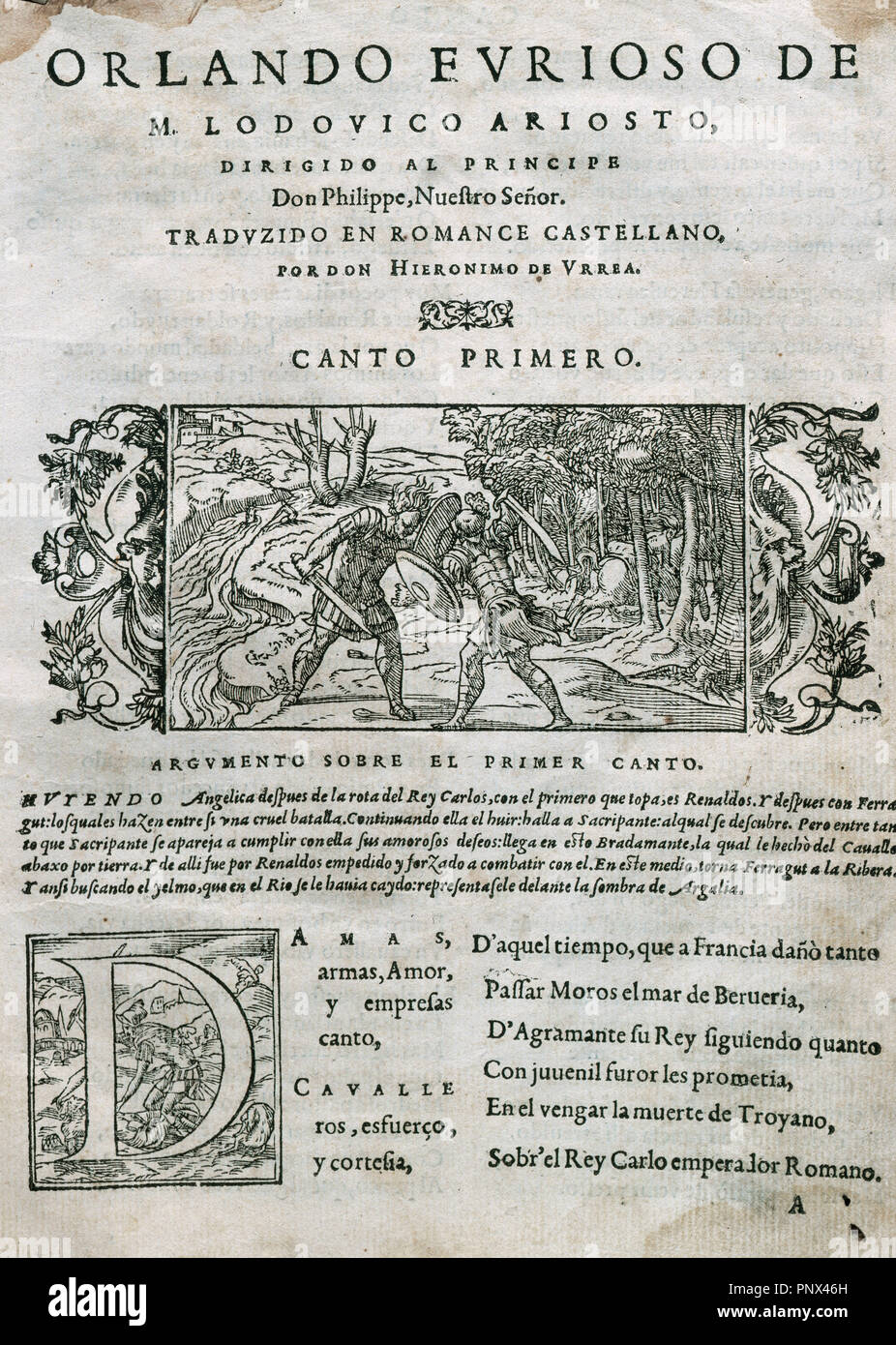Ludovico Ariosto (1474 Ð 1533) fu un poeta italiano. Egli è meglio conosciuto come l'autore del romanzo epico Orlando Furioso (1516). La copertina del libro 'Orlando Furioso, edito a Lione (Lugdunum), 1556. La prima canzone. Biblioteca di Catalogna. Barcellona. Spagna. Foto Stock