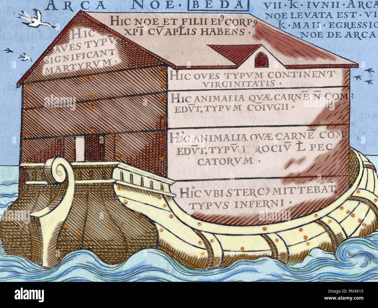 L'Arca di Noè, dal libro 'De Linguis gentium, libellum', pubblicato in Basilea, 1563. Scritto da Beda il Venerabile (673-735), inglese monaco e scrittore. Incisione colorata. Foto Stock