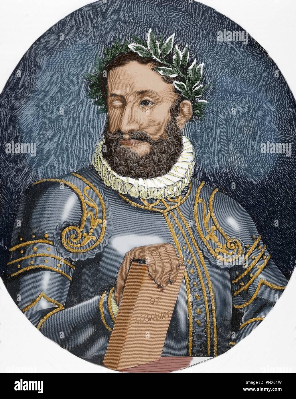 Camoes, Luis Vaz de (1524-1580). Poeta portoghese. Incisione di Carretero. Colorati. Foto Stock