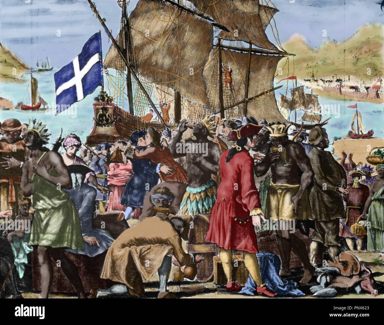 Allegoria francese circa la fondazione della East India Company (1717). Mercanti e missionari con gli Indiani alla foce del fiume Mississippi. Incisione colorata. Foto Stock