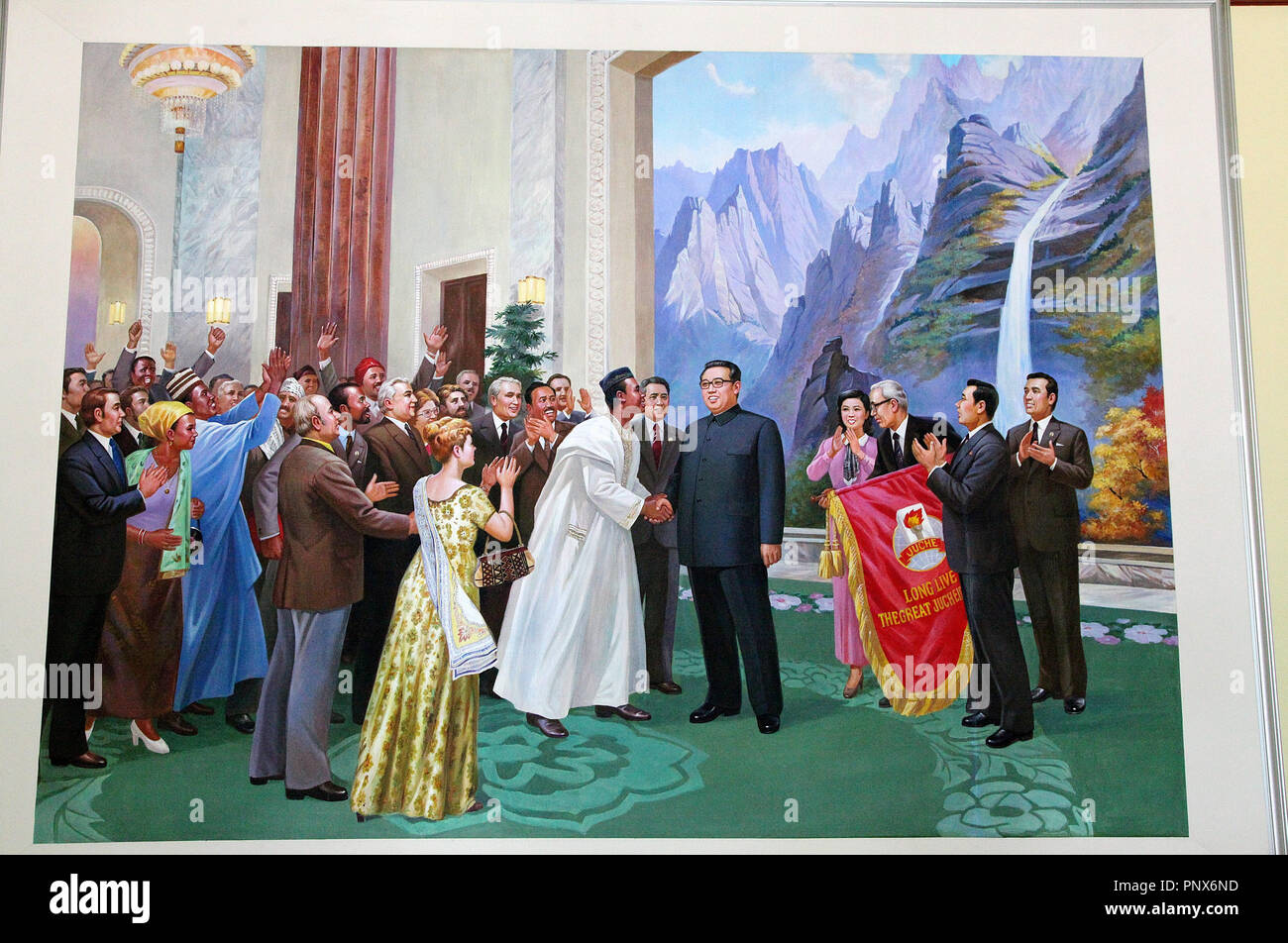 Pittura in Corea del Nord di Kim Il Sung incontro con altri leader politici di tutto il mondo Foto Stock
