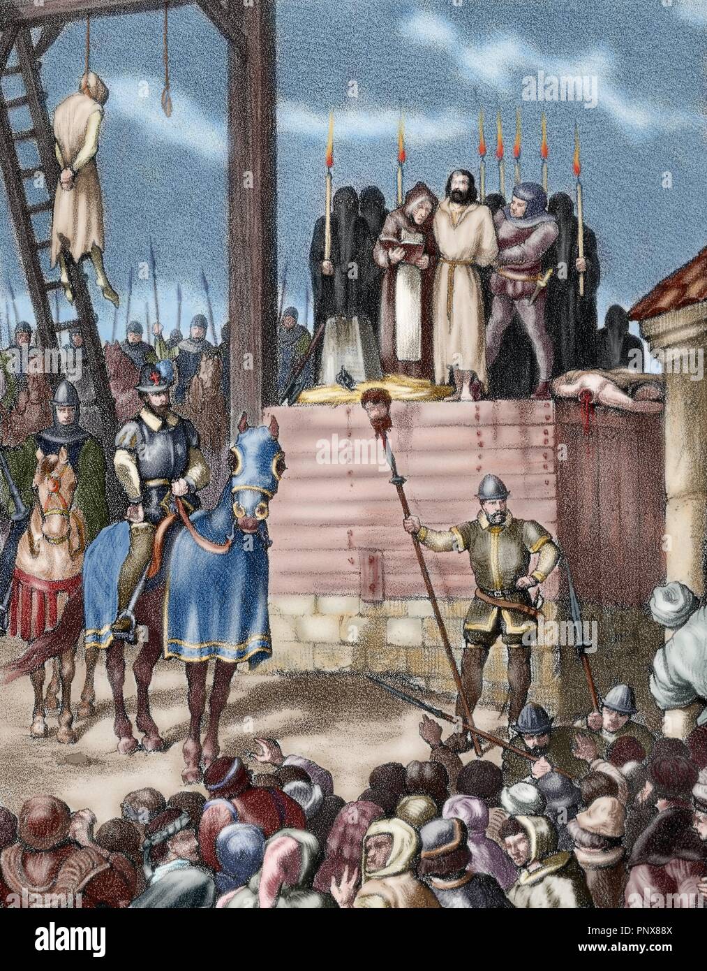 Reinado de Felipe II de Castilla y I de Aragón. Alteraciones de Aragón. Tras la revuelta de Zaragoza de 1591, y la huida de Antonio Pérez de la cárcel de Madrid, el Rey Felipe II intervino modificó y la constitución política aragonesa y las Cortes. Durante la segunda mitad del siglo XVI el Reino de Aragón vivió conflictos que culminaron con enfrentamientos entre las instituciones aragonesas y el Rey. Juan V de Lanuza fué capturado y decapitado en la plaza del Mercado, por orden real, como muchos líderes de la revuelta. Grabado del siglo XIX. Coloreado. Foto Stock