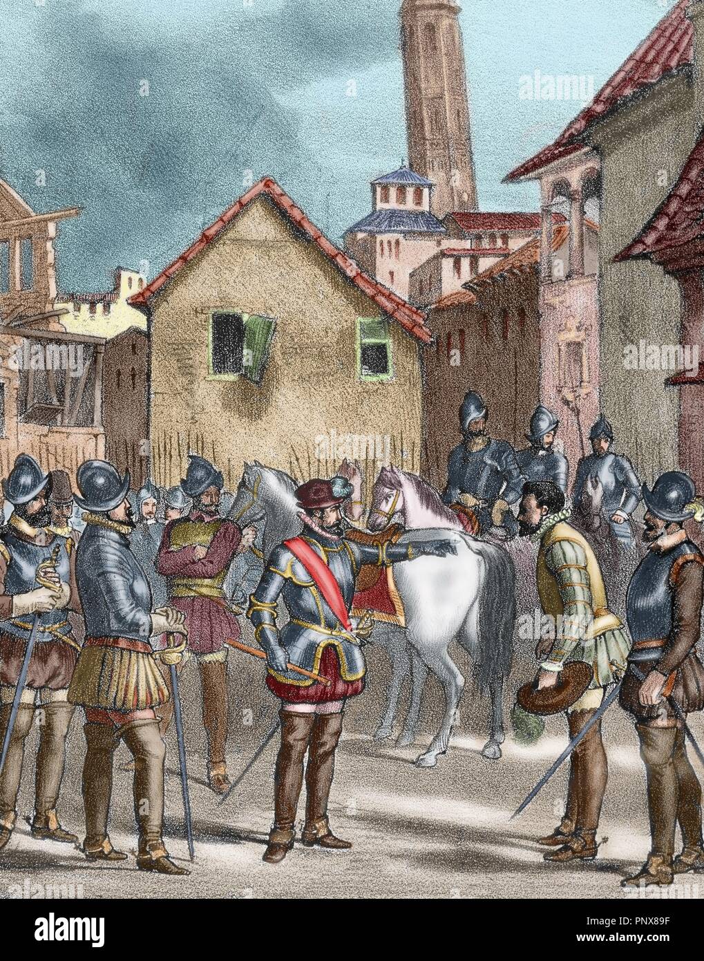 Spagna. Aragona. Regno di Filippo II. Alterazioni di Aragona. Entrata del castigliano royal truppe in Zaragoza (ottobre 1591), che si è conclusa l'insurrezione Aragonese. Incisione colorata. Xix secolo. Foto Stock