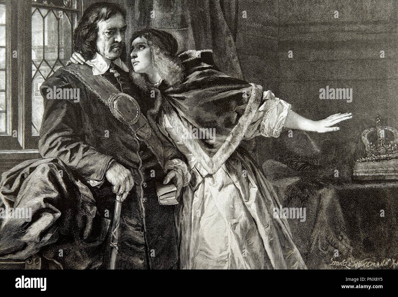 Oliver Cromwell (1599-1658). Inglese militare e politico. Cromwell con la sua seconda figlia, Elisabetta Claypole (1629-1656). Incisione della illustrazione artistica,1885. Foto Stock