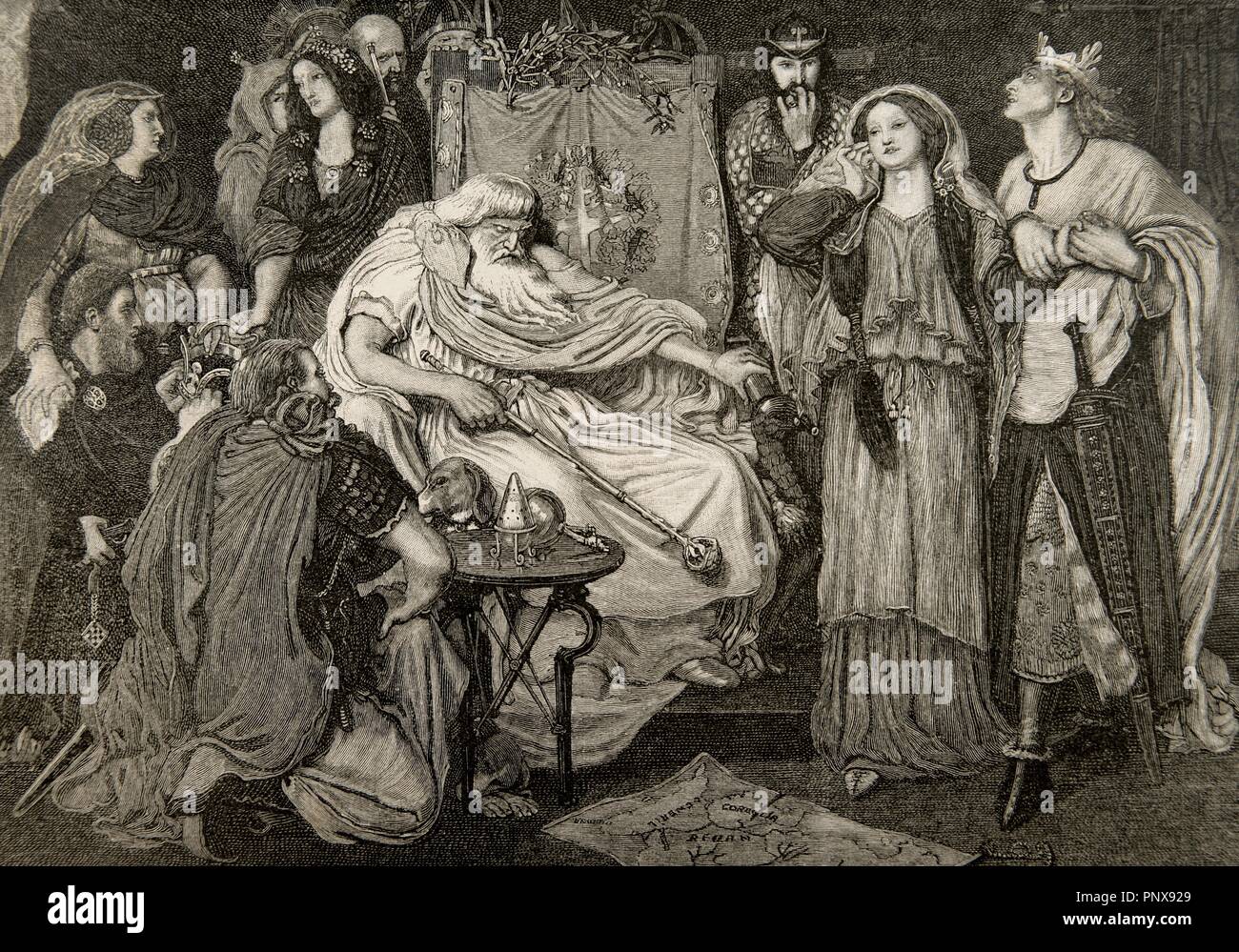 William Shakespeare (1564-1616). Drammaturgo inglese e poeta. Incisione adottate da un dipinto di Ford Madox Brown parte della Cordella, eroina della tragedia Re Lear. L'iberico illustrazione, 1886. Foto Stock