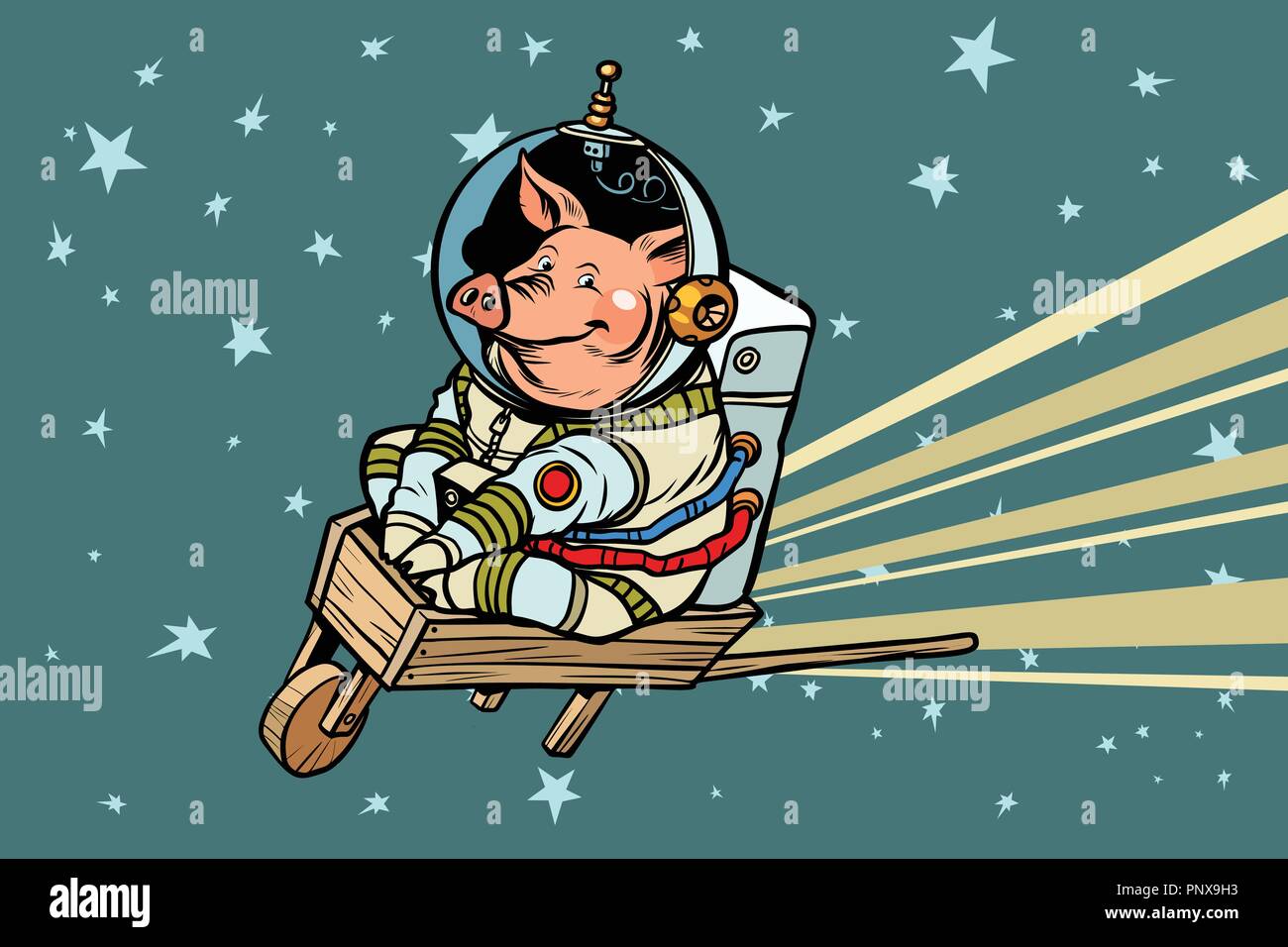 Astronauta di maiale corse su una carriola in legno Illustrazione Vettoriale