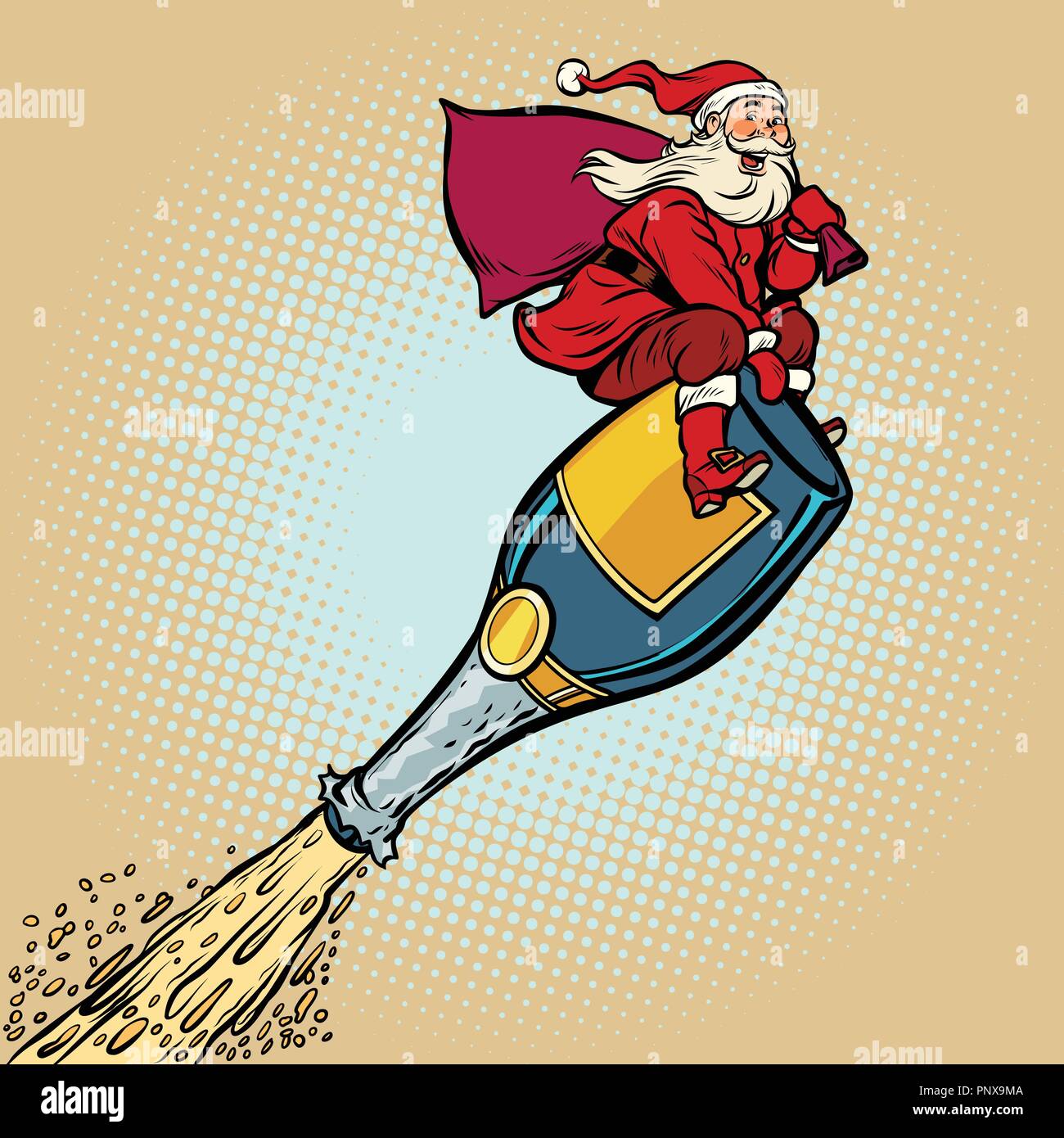 Santa è volare su una bottiglia di champagne. Anno nuovo e di Natale Illustrazione Vettoriale