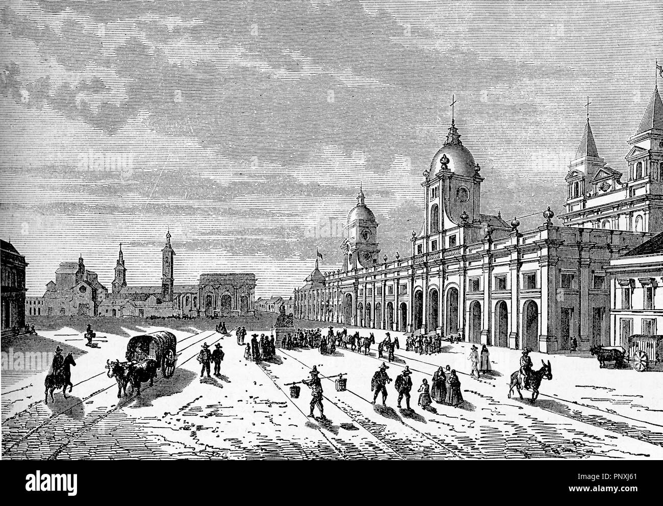 Santiago del Cile - Plaza de las Armas, la piazza principale della città con edifici storici e il palazzo del governo, incisione vintage Foto Stock