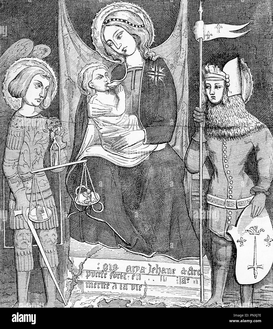 Pittura medievale della Vergine Maria con Gesù Bambino, affiancato dalla cameriera di Orleans e l'arcangelo Michele, incisione vintage Foto Stock