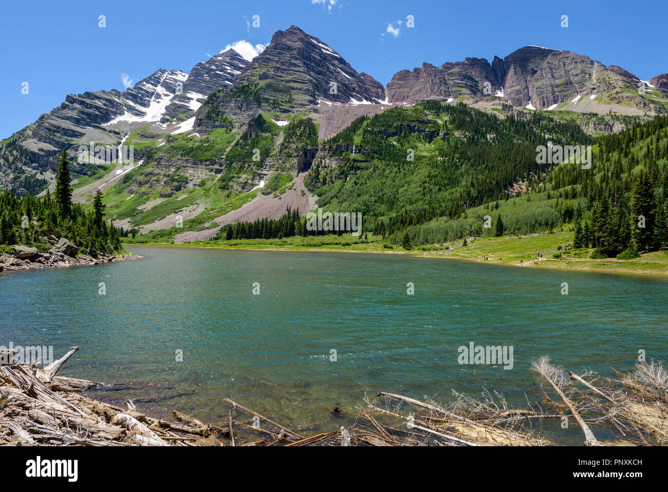 Il cratere del lago - Una molla di panoramica vista del cratere del lago a base di Maroon Bells, Aspen, Colorado, Stati Uniti d'America. Foto Stock