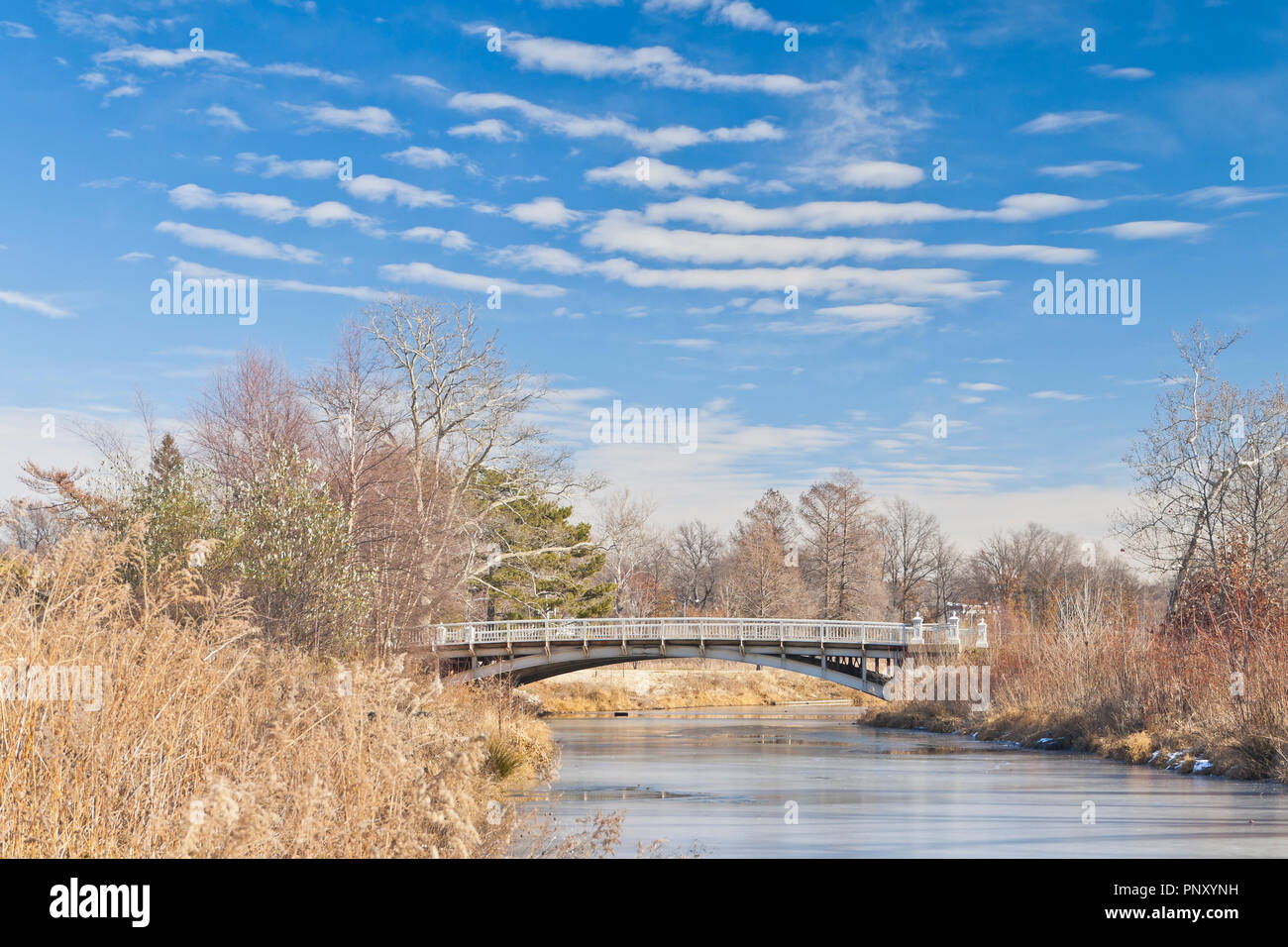 Vista verso il ponte di Lafayette a San Louis Forest Park su una soleggiata giornata invernale con poche nuvole altocumulus. Foto Stock