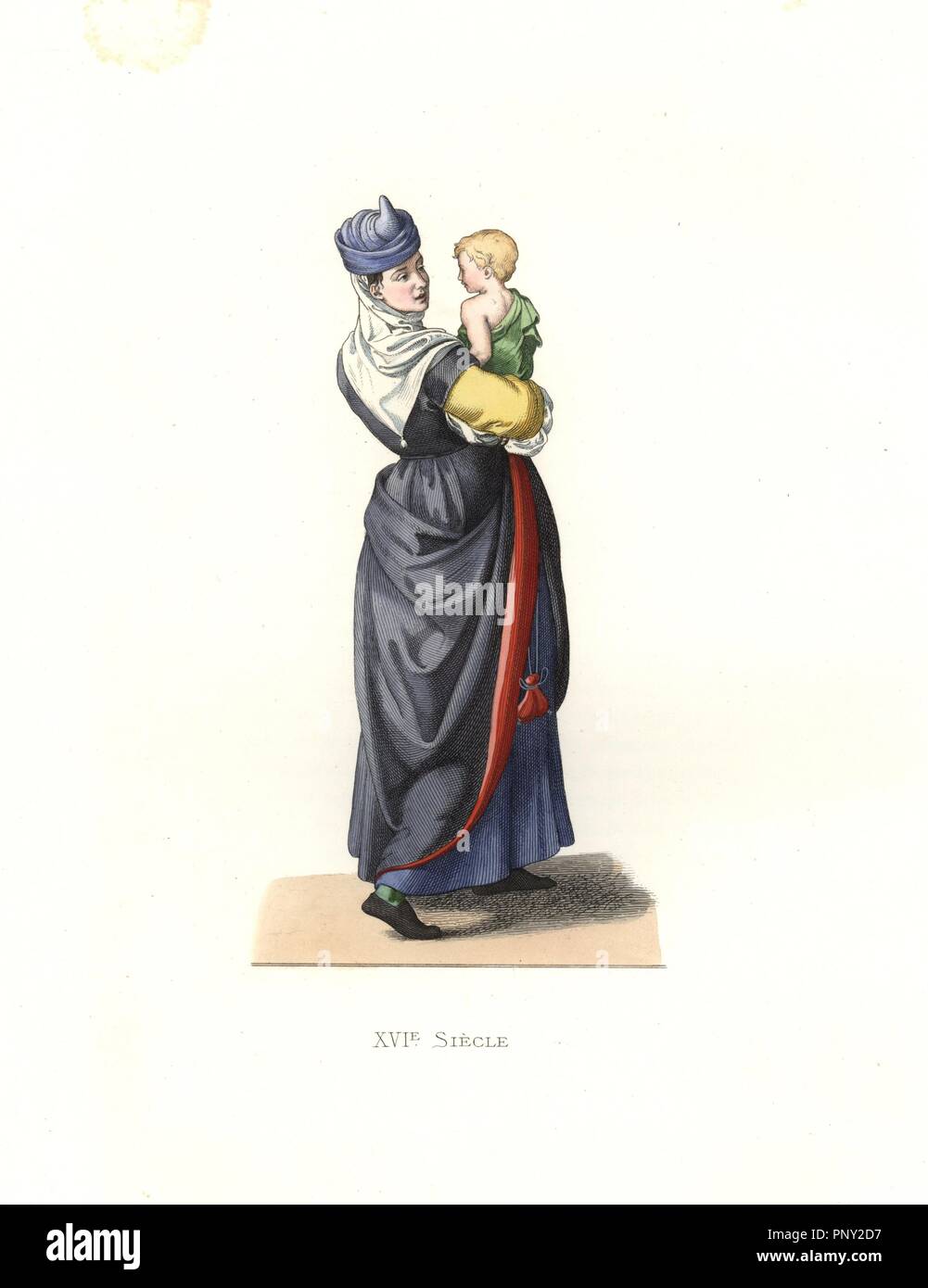 La donna da Bayonne, XVI secolo, indossando un turbante blu, bianco sciarpa e crimson-rigato abito su un underdress blu. È lei che porta un bambino.. Illustrazione Handcolored da E. Lechevallier-Chevignard, litografata da A. Didier, L. Flameng, F. Laguillermie, da Georges Duplessis 'costumi historiques des XVIe, XVIIe et XVIIIe siecles' (costumi storici del XVI, XVII e XVIII secolo), Parigi 1867. Il libro è stata una continuazione della serie sui costumi dei secoli XII-XV pubblicato da Camille Bonnard e Paolo Mercuri dal 1830. Georges Duplessis (1834-1899) è stato curatore di t Foto Stock