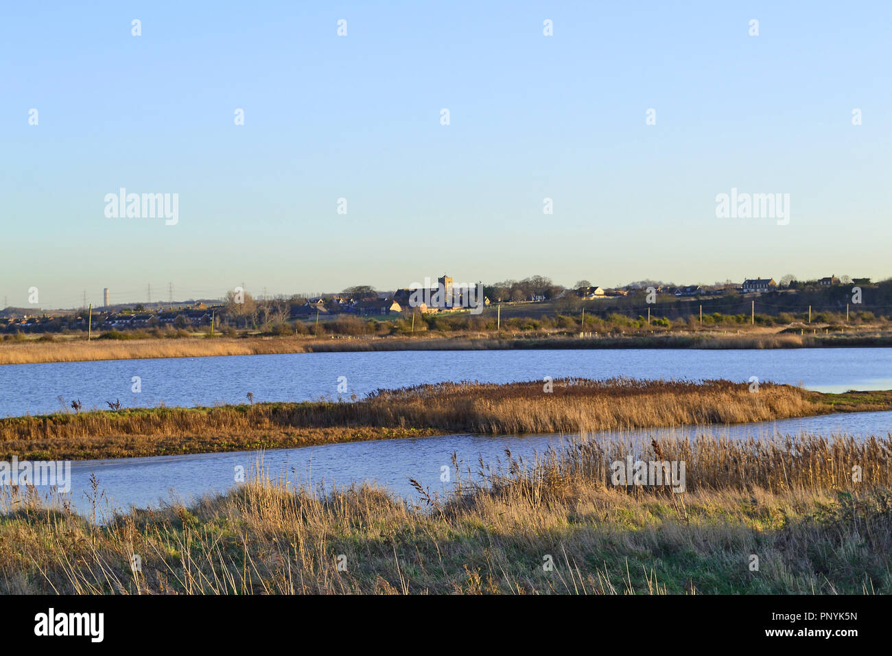 Il fiume il Tamigi a Cliffe, Kent in inverno, nel tardo pomeriggio in un giorno chiaro Foto Stock