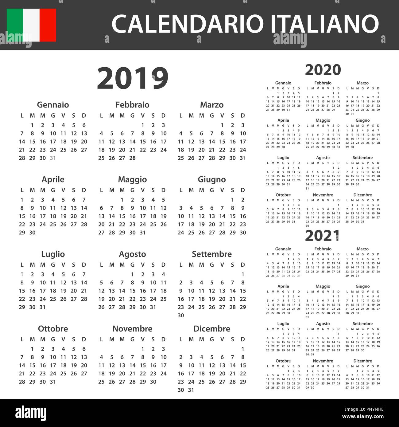Calendario italiano per il 2019, 2020 e 2021. Scheduler, agenda diario o modello. La settimana inizia il lunedì Illustrazione Vettoriale
