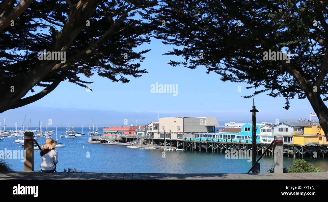 Donna con ampia bordata hat siede sui passi che si affaccia sul centro storico molo di Monterey, CA. Foto Stock