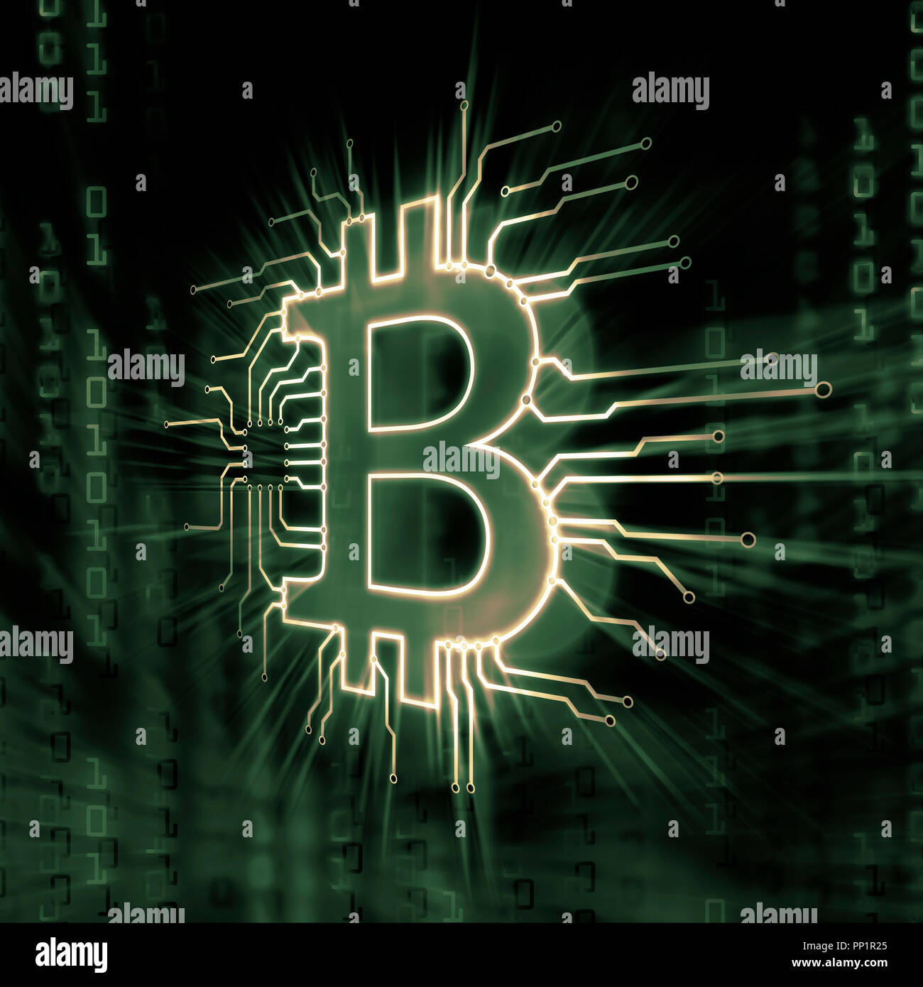 Bitcoin ₿ cryptocurrency, digitale decentralizzato il simbolo di valuta, illustrazione concettuale di un logo bitcoin collegato ad una rete blockchain matri di bit Foto Stock