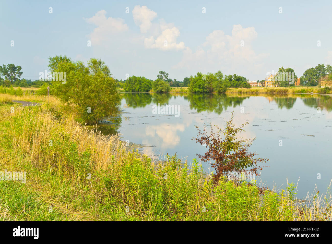 Tinta arancione puffy nuvole riflettono in un lago a San Louis Bellefontaine Area di Conservazione di un pomeriggio estivo con isolati temporali in un Foto Stock