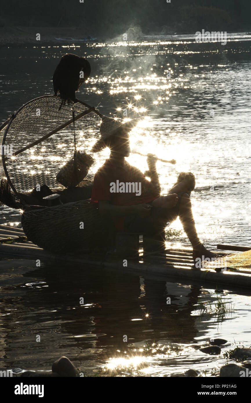 Silhouette di cormorano pescatore sulla antica barca di bambù con un lampade illuminate e cormorani - Il fiume Li, Xingping, Cina Foto Stock