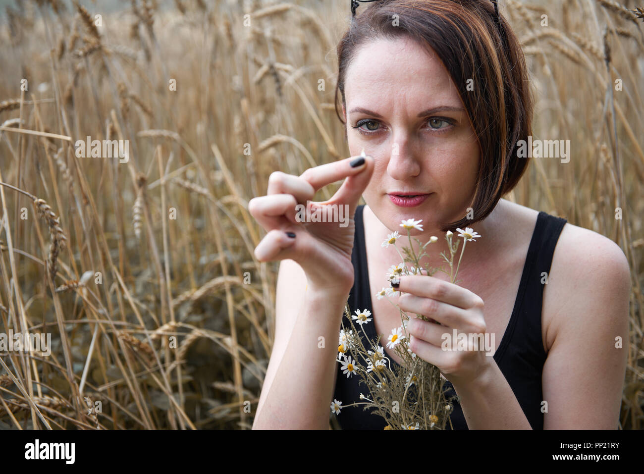 Una giovane ragazza con un mazzo di fiori seduti nei pressi di un campo di grano. Ella picks off petali di fiori e chiedendo amore o non amore usando vecchie leggende popolari un Foto Stock