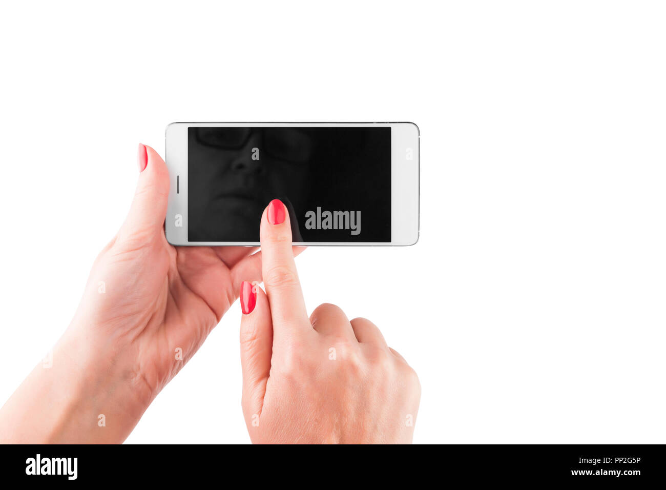 Femmina tenuta a mano e toccando un Mobile Smartphone Foto Stock