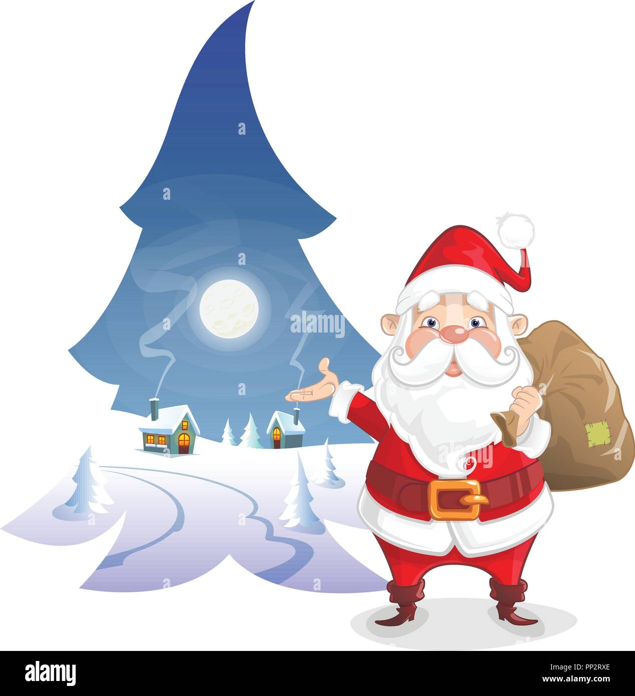 Illustrazione di natale - Inverno moonlight in forma di pino carino con Babbo Natale Illustrazione Vettoriale