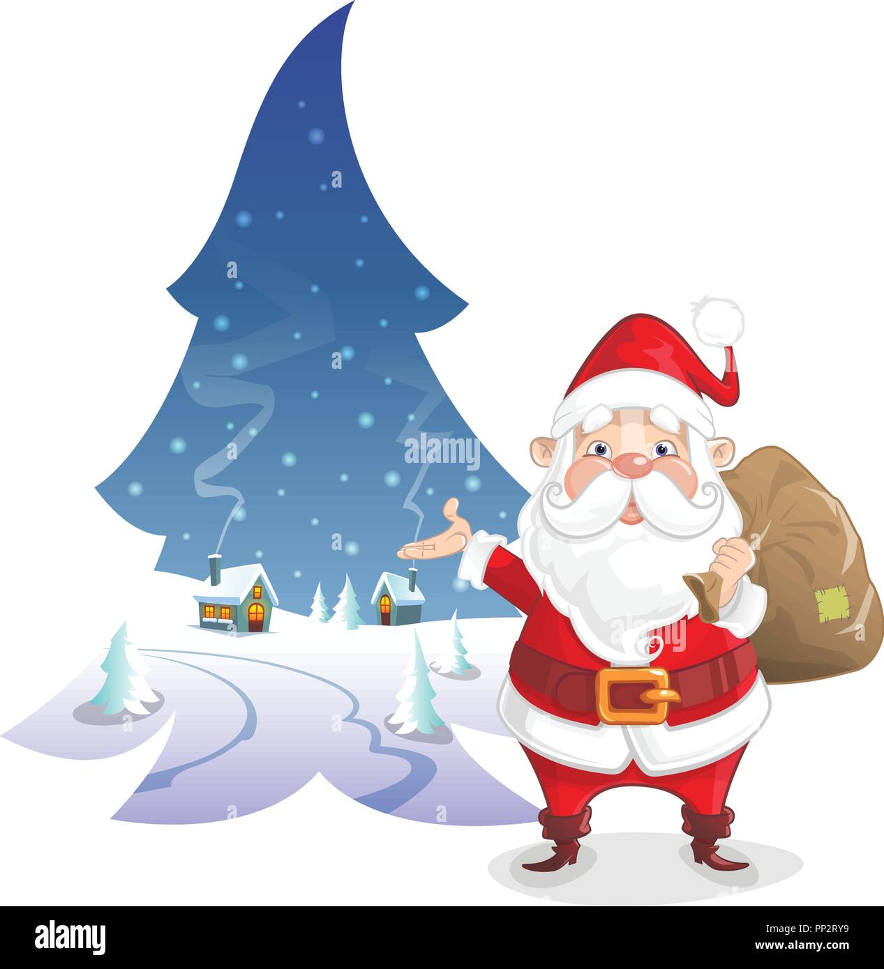 Illustrazione di natale - paesaggio invernale in forma di pino carino con Babbo Natale Illustrazione Vettoriale