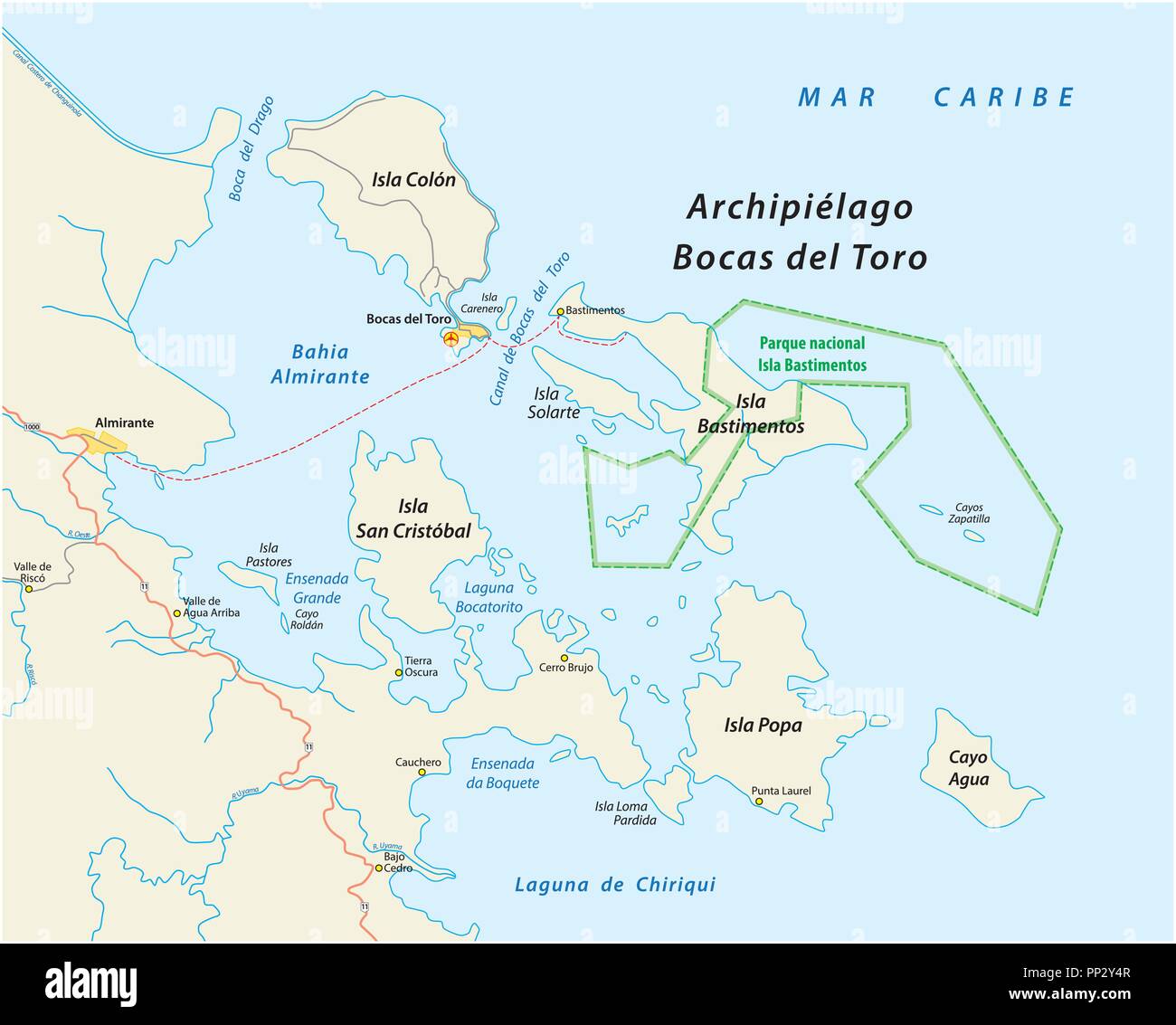 Mappa dell'isola panamense gruppo di Bocas del Toro, Panama. Illustrazione Vettoriale