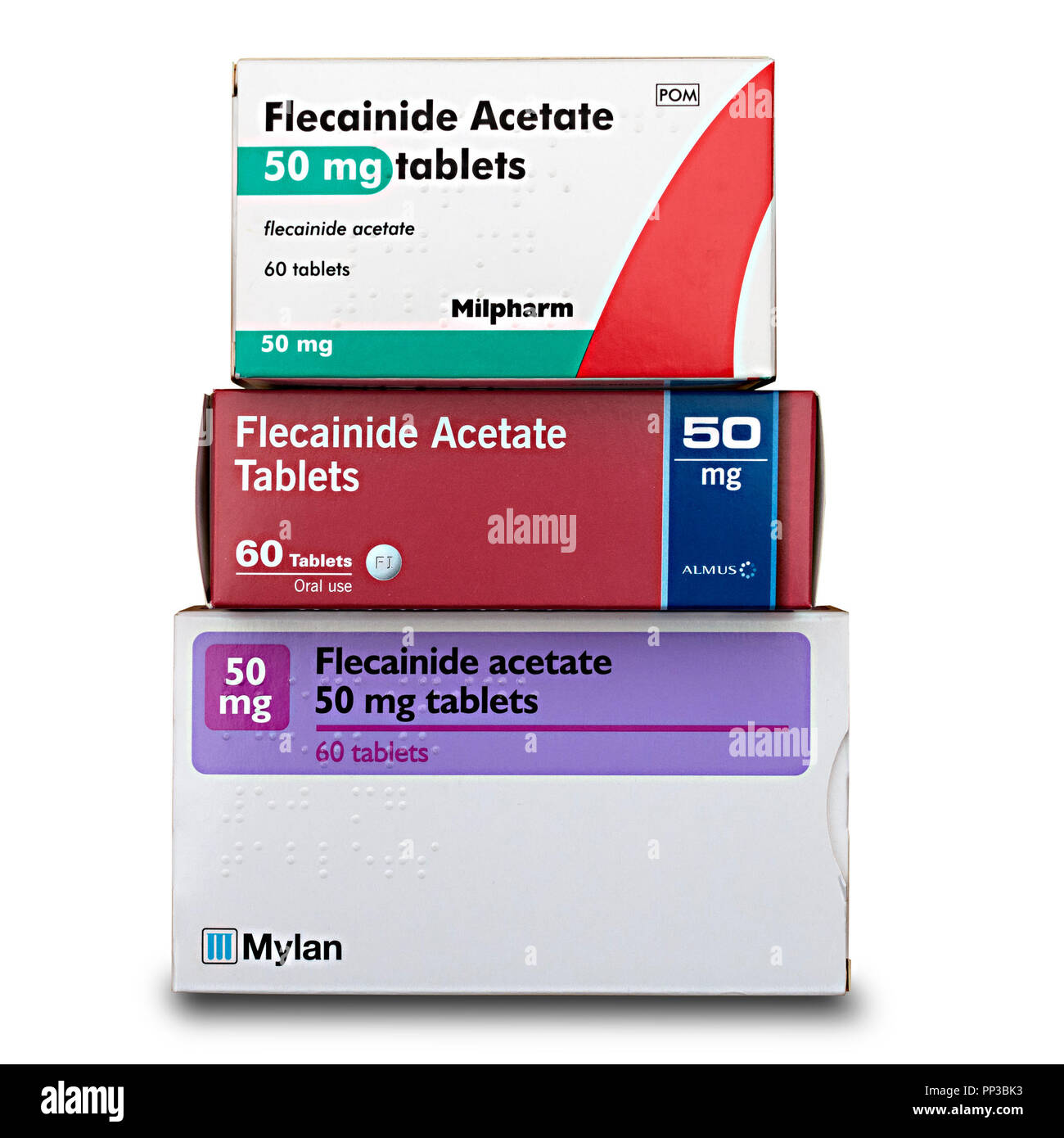 Tre caselle di 'off' brevetto farmaci generici, contenente 50mg Flecainide Acetato compresse usato per il trattamento di aritmie cardiache ad esempio fibrillazione atriale. Foto Stock