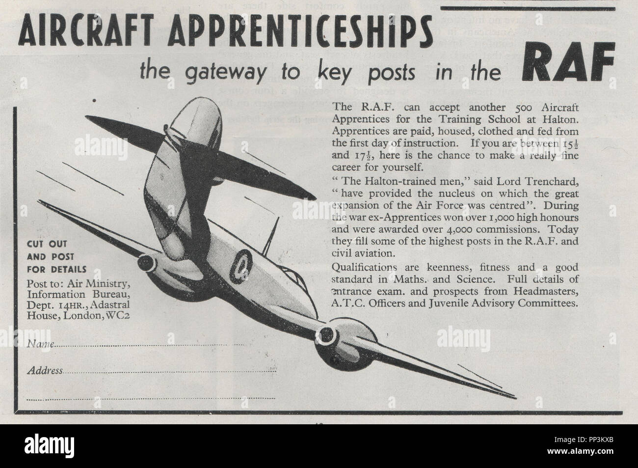 Vintage Royal Air Force annuncio di assunzione per gli aeromobili posti di tirocinio pubblicato nella riserva d'aria Gazette del gennaio 1947. Mostra un RAF un Gloster Meteor jet da combattimento del periodo. Foto Stock