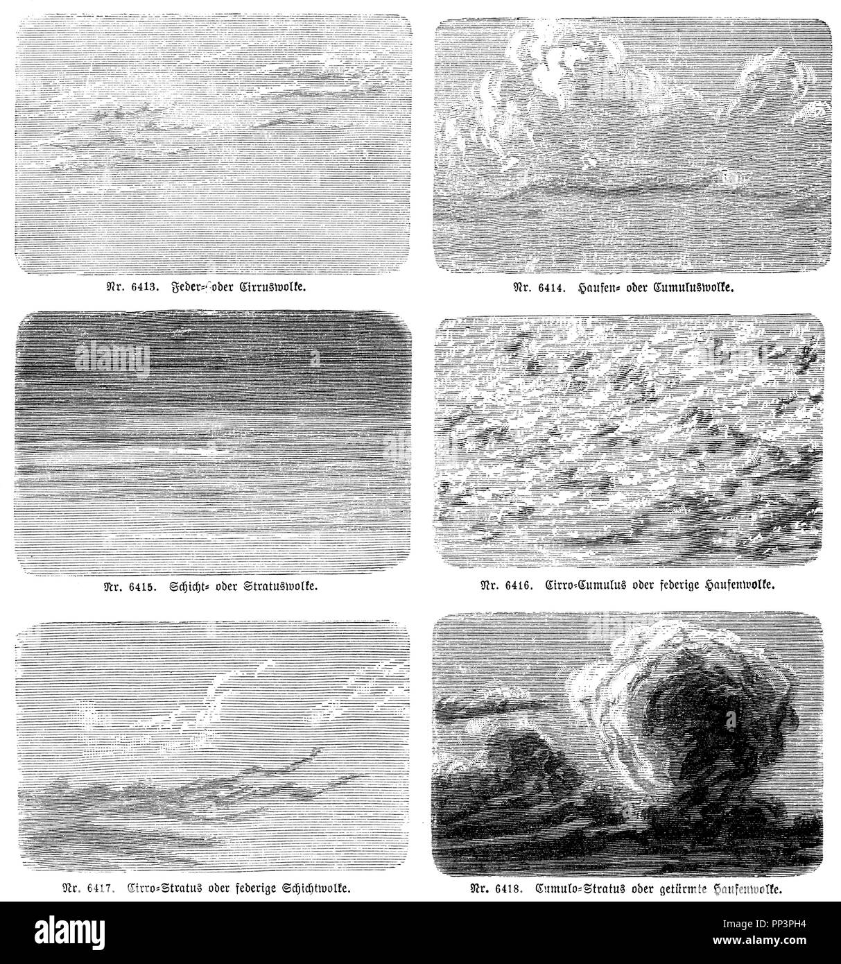 Le nuvole in alto a sinistra: pennacchio o cirrus nuvola in alto a destra: heap cloud o cumulus cloud, centro sinistra: nube strato o cloud stratus, centro destra: cirro-cumulus o cluster feathery cloud, in basso a sinistra: cirrostratus o feathery nube strato, Foto Stock