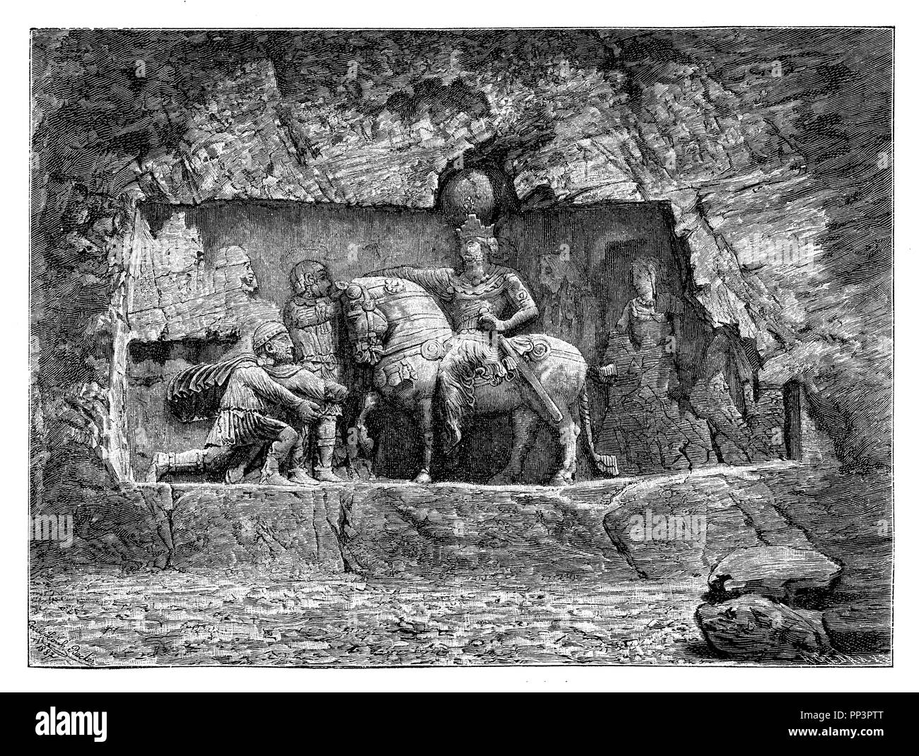 Sapores trionfa Balerianus. Sollievo delle tombe reali di Persepoli. Dopo una fotografia originale disegnato da Carl Leonhard Becker, Carl Leonhard 1899 Foto Stock