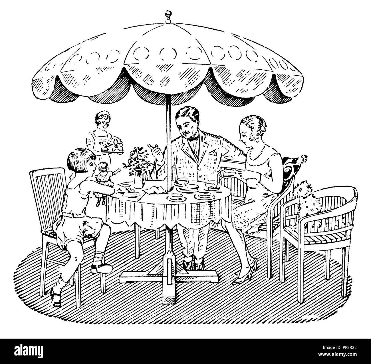 La famiglia è di mangiare sotto un ombrellone, Carl Olof Petersen Foto Stock