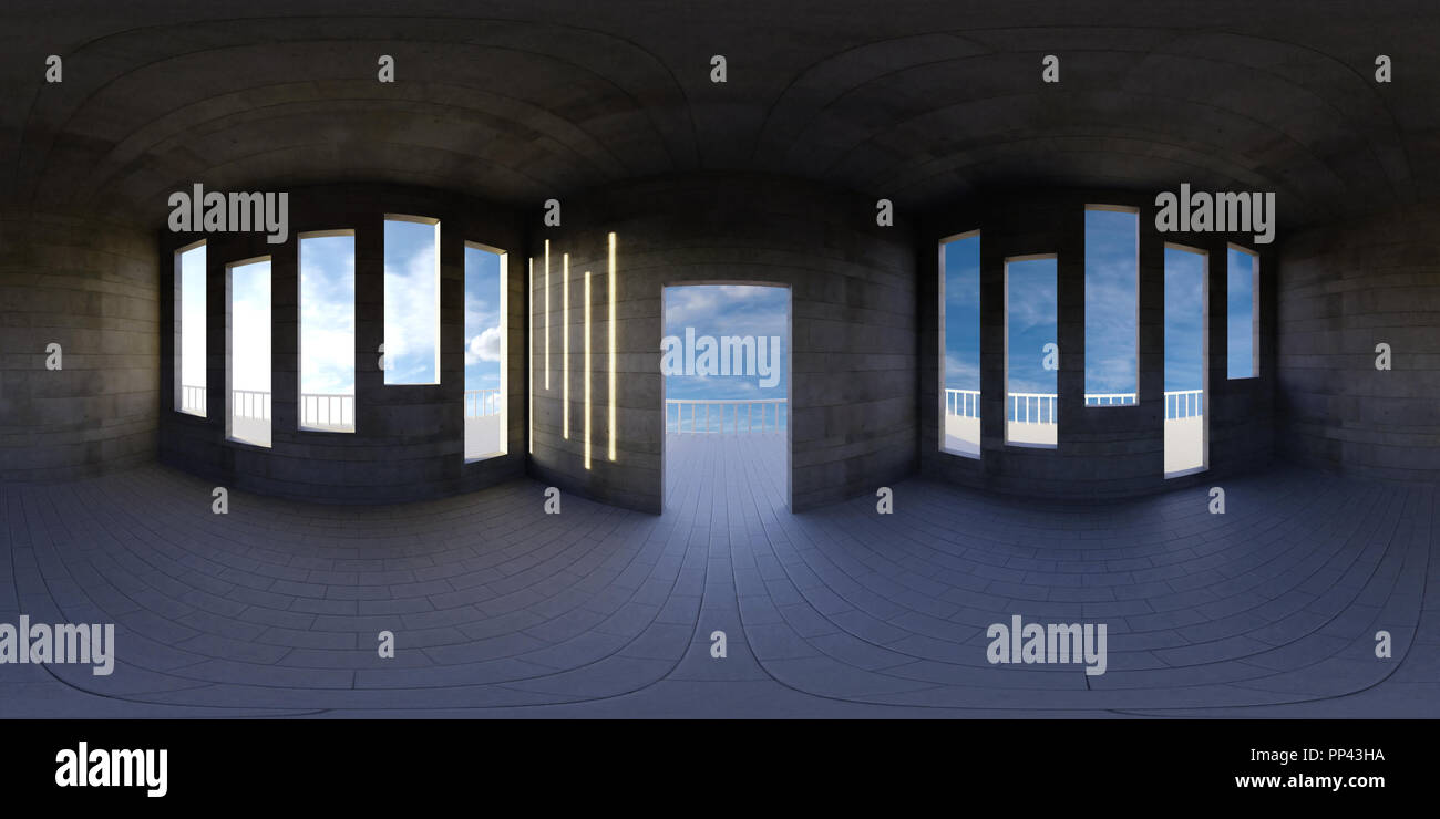 HDRI environment map, astratto panorama sferica sfondo, appartamento vuoto, con bella vista (3D render equirettangolare) Foto Stock