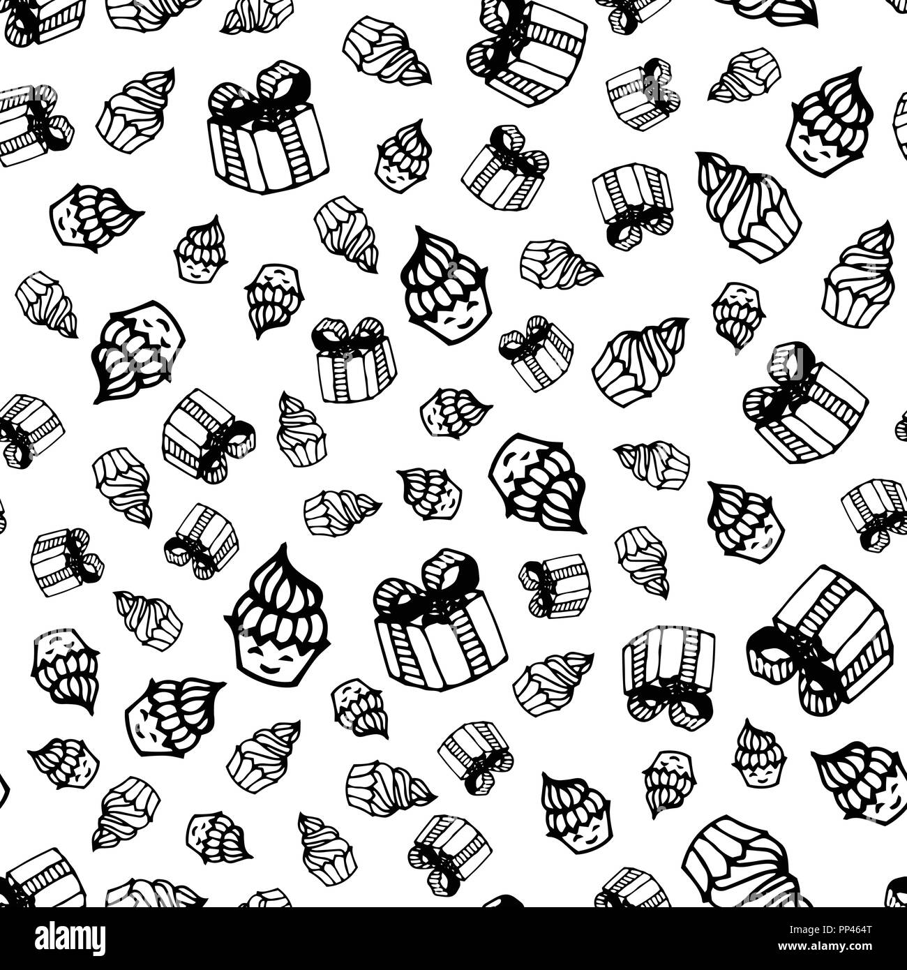 Compleanno seamless pattern in disegnati a mano in stile scarabocchio. Illustrazione Vettoriale