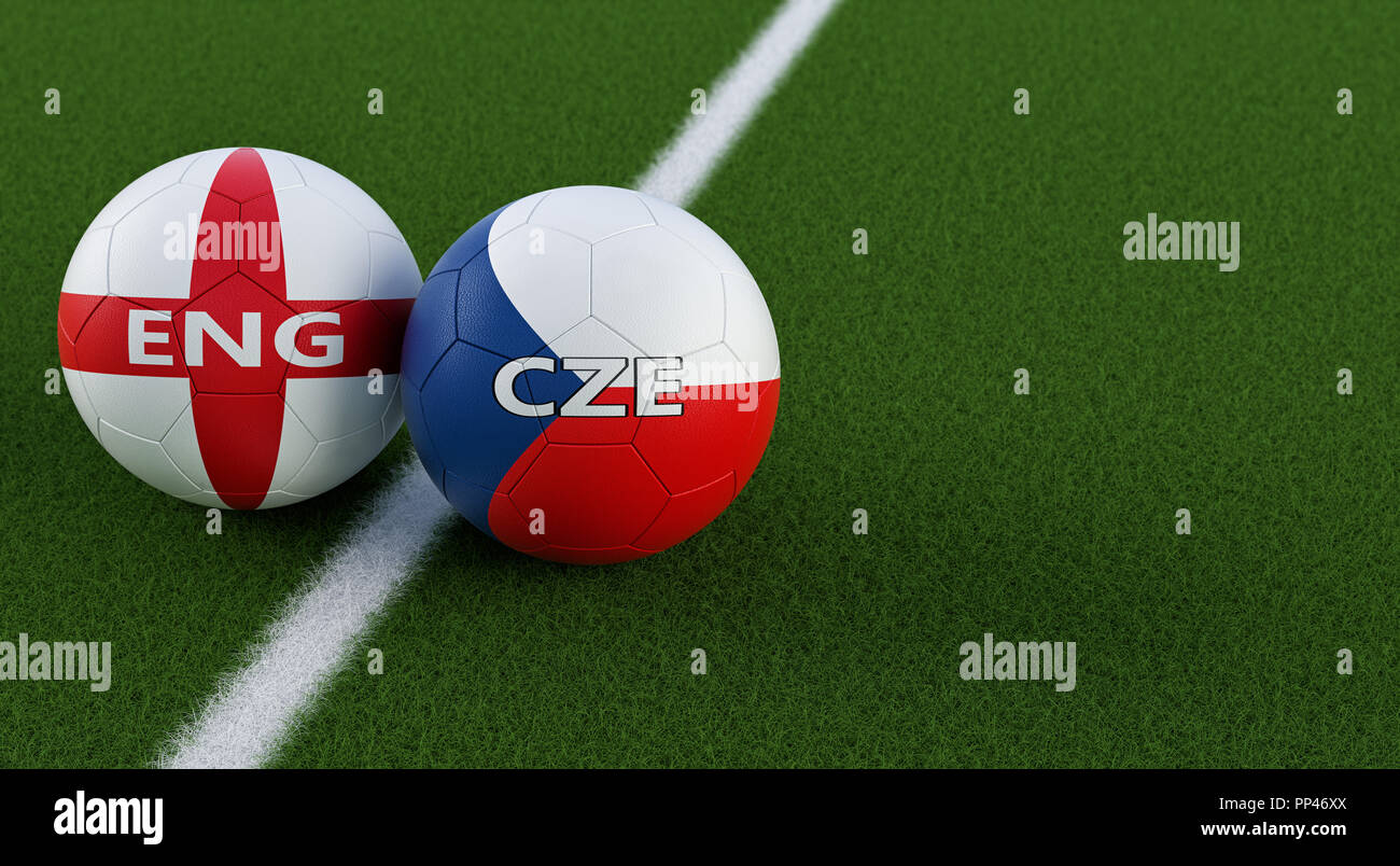 Repubblica ceca vs. Inghilterra partita di calcio - palloni da calcio nella Repubblica Ceca e in Inghilterra i colori nazionali su un campo di calcio. Foto Stock