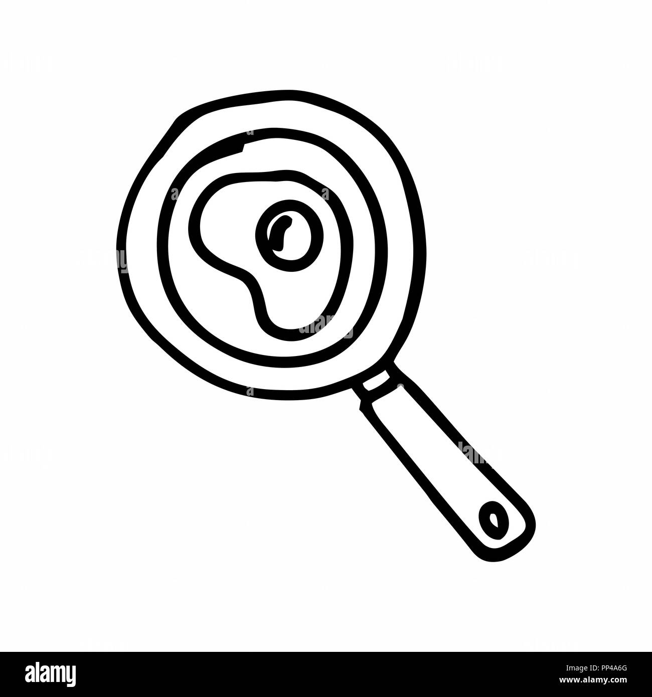 Freehand illustrazione di una padella con un uovo. Contorni neri su sfondo bianco. Illustrazione Vettoriale