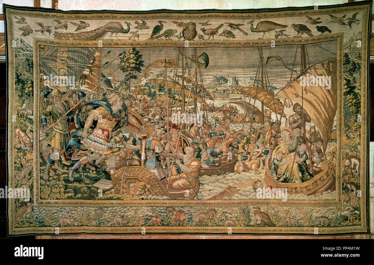 TAPIZ DE LA BATALLA DE FILIPOS OCURRIDA EN EL AÑO 42 AC - MARCO ANTONIO Y OCTAVIO AUGUSTO DERROTAN UN BRUTO Y UN CAYO CASIO. Posizione: ROYAL PALACE DE LA ALMUDAINA. Palma. MALLORCA. Spagna. Foto Stock