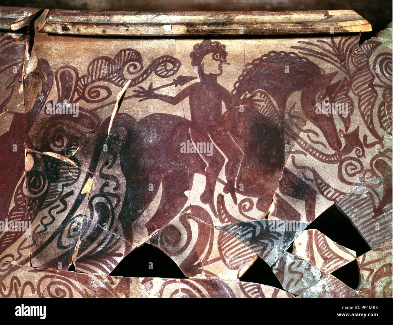 CERAMICA IBERICA - VASO DE SAN MIGUEL DE LIRIA - DET GUERRERO UN CABALLO. Posizione: Museo de Prehistoria y archeologia. Spagna. Foto Stock